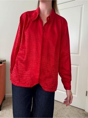 80's Red Houndstooth Satin Button Down Vintage Top